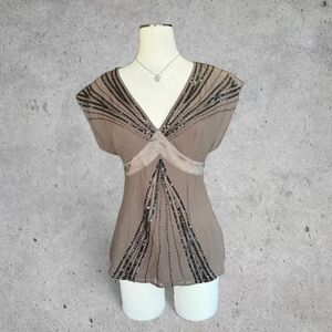 Gorg Vintage Taupe Beaded Silk V-Neck Babydoll Blouse Top w/ Sequins- Small/Med